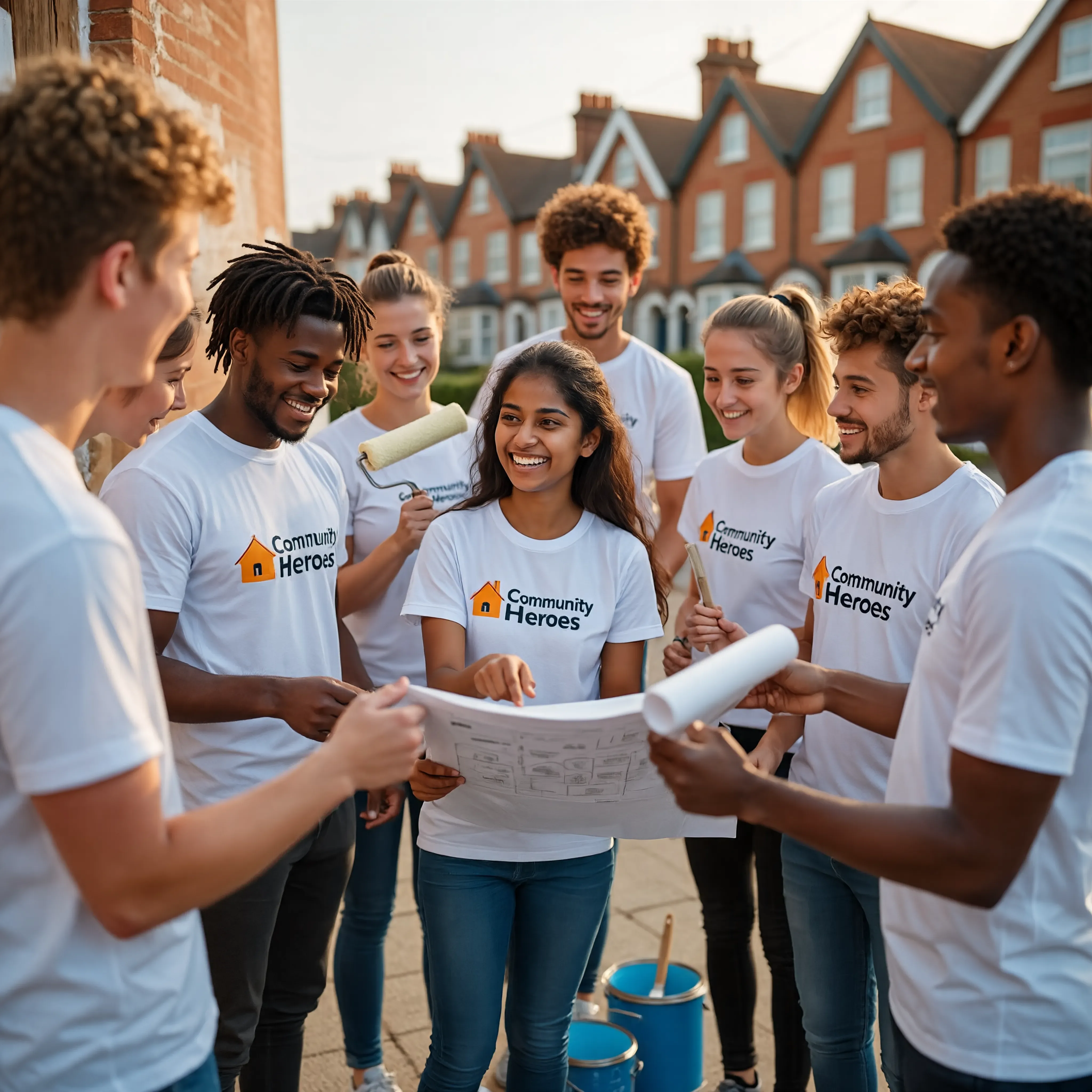 Community Heroes diverse team reviewing project plans outside terraced houses