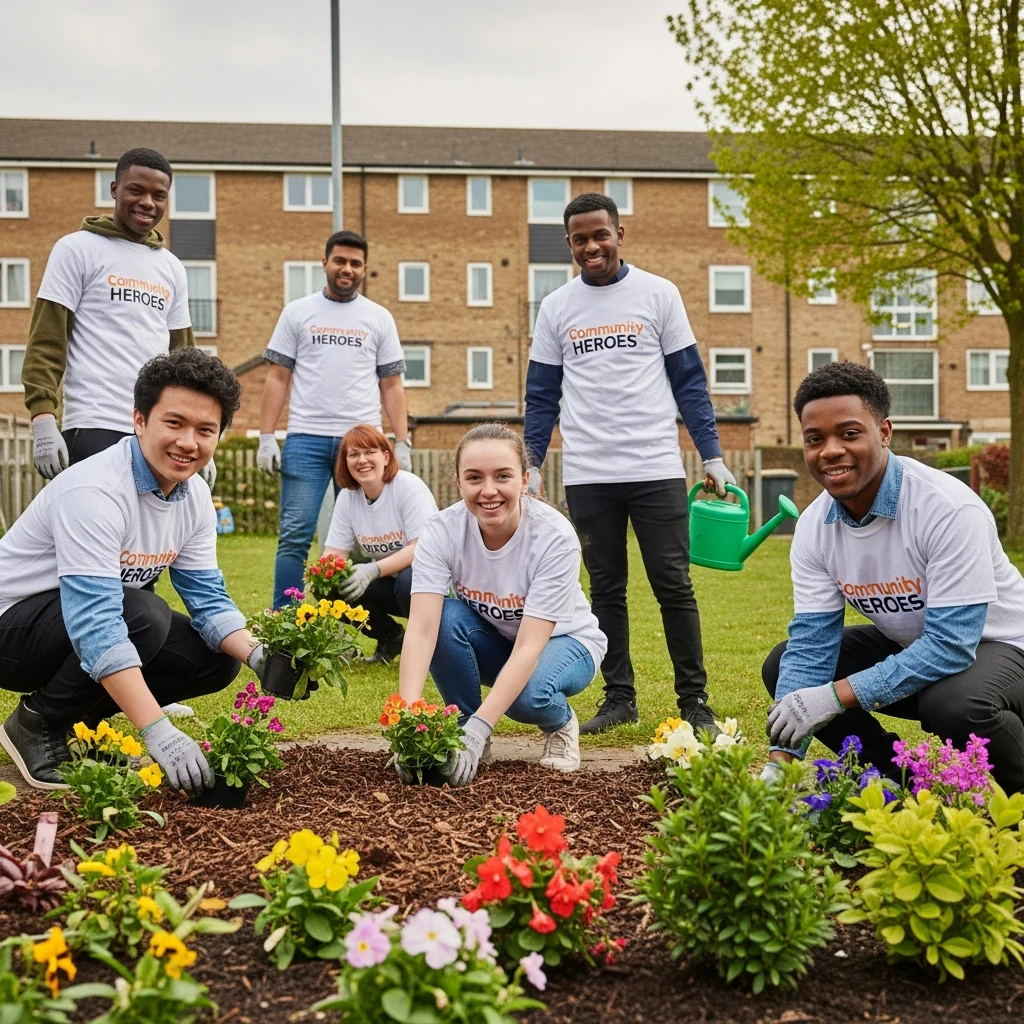 Community Heroes group planting flowers in a public garden
