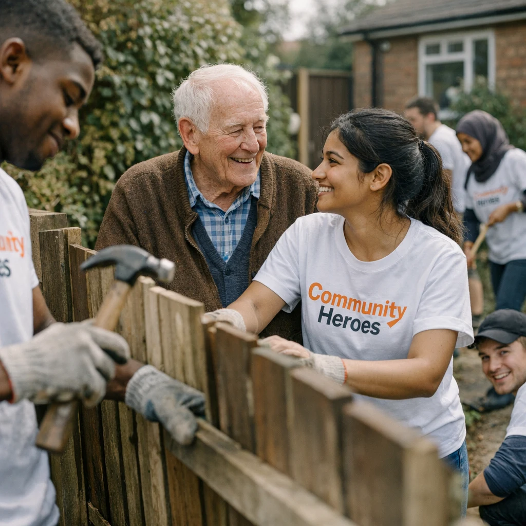 Community Heroes volunteer helping an elderly resident repair his fence