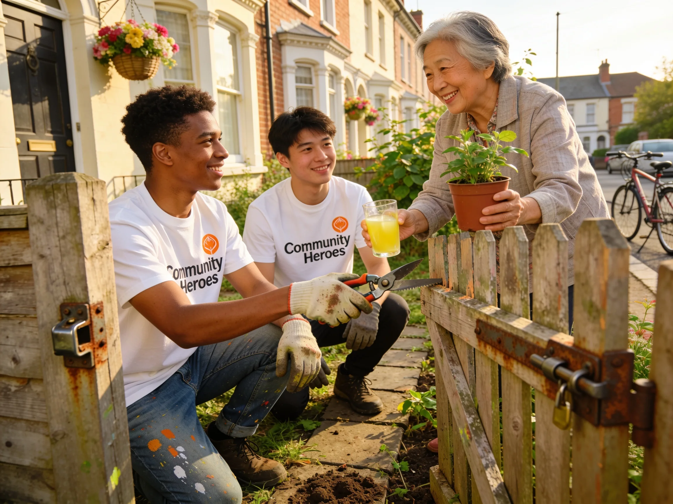 Community Heroes volunteers gardening with an elderly neighbour
