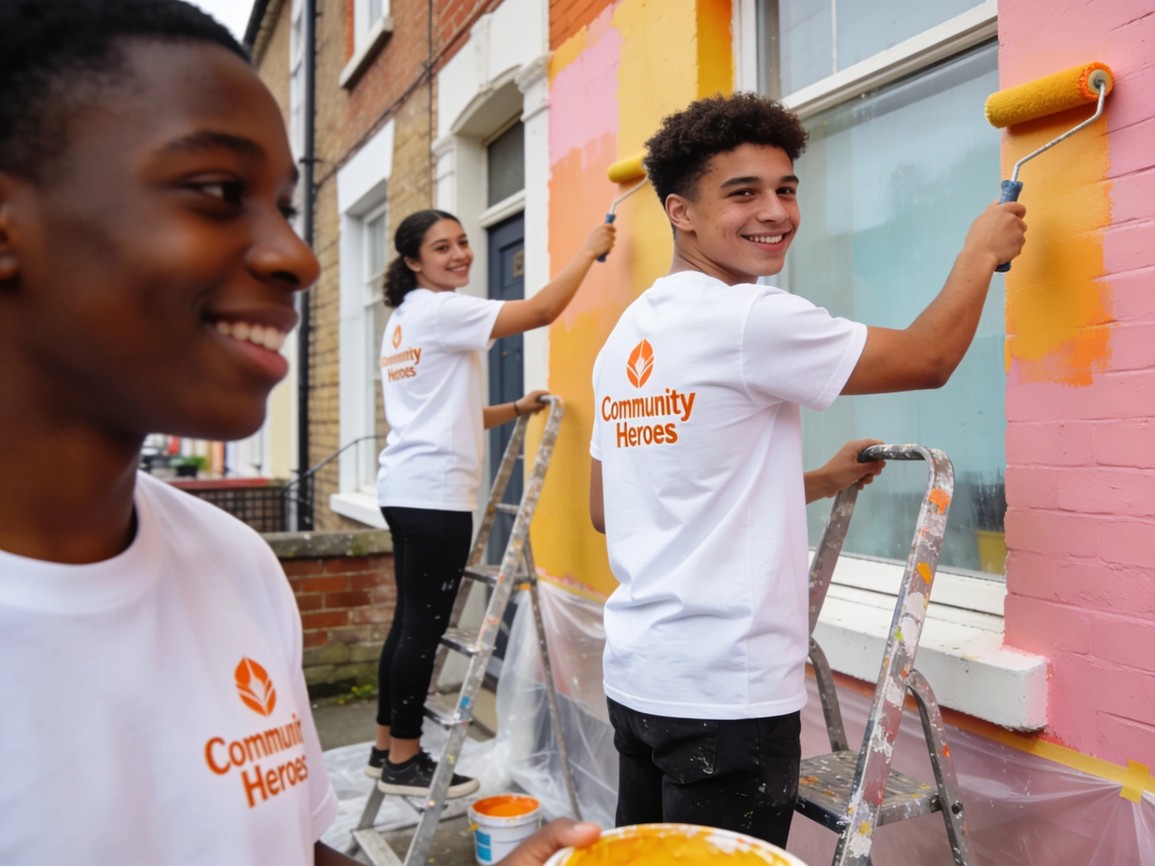 Community Heroes volunteers painting a house exterior