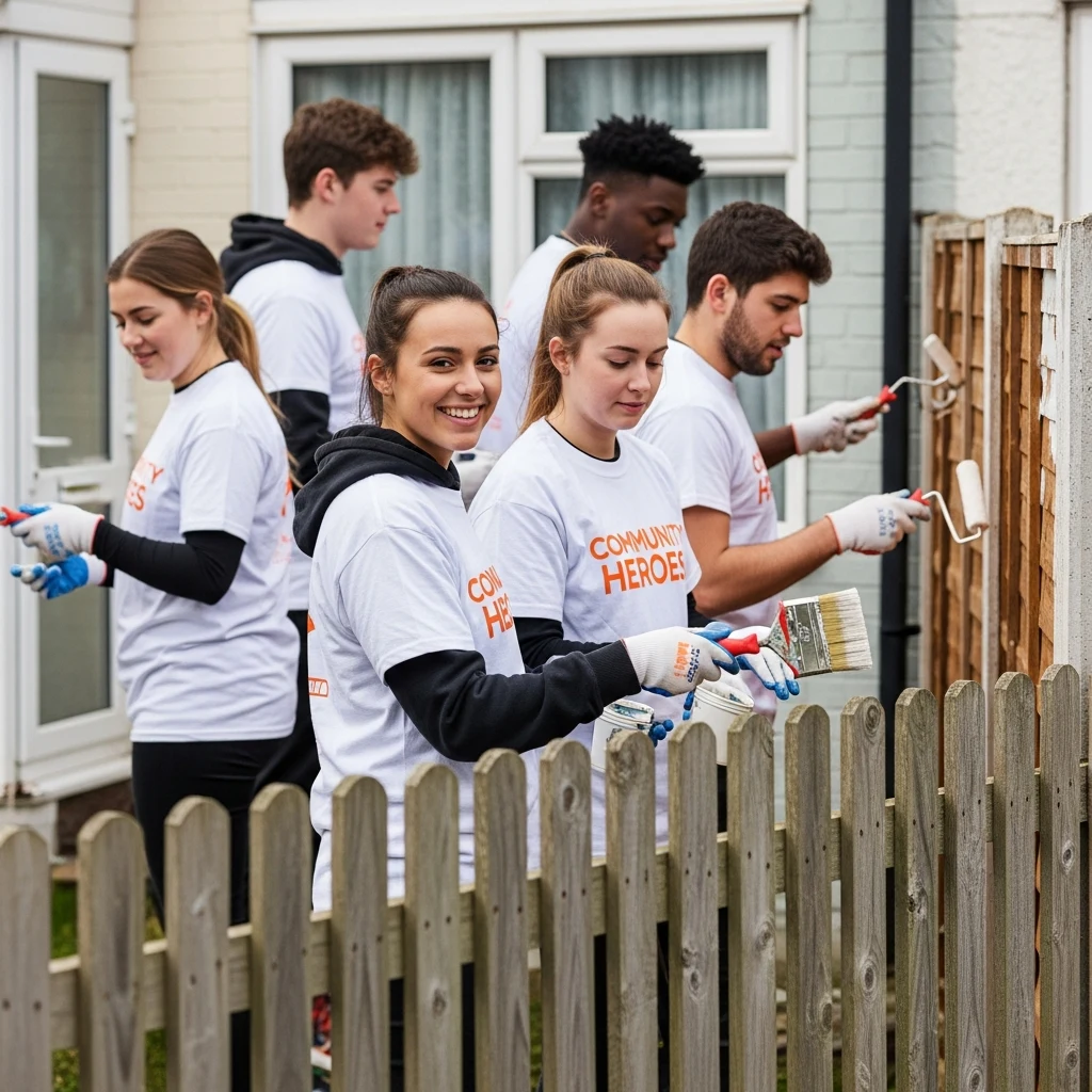 Community Heroes volunteers painting a garden fence