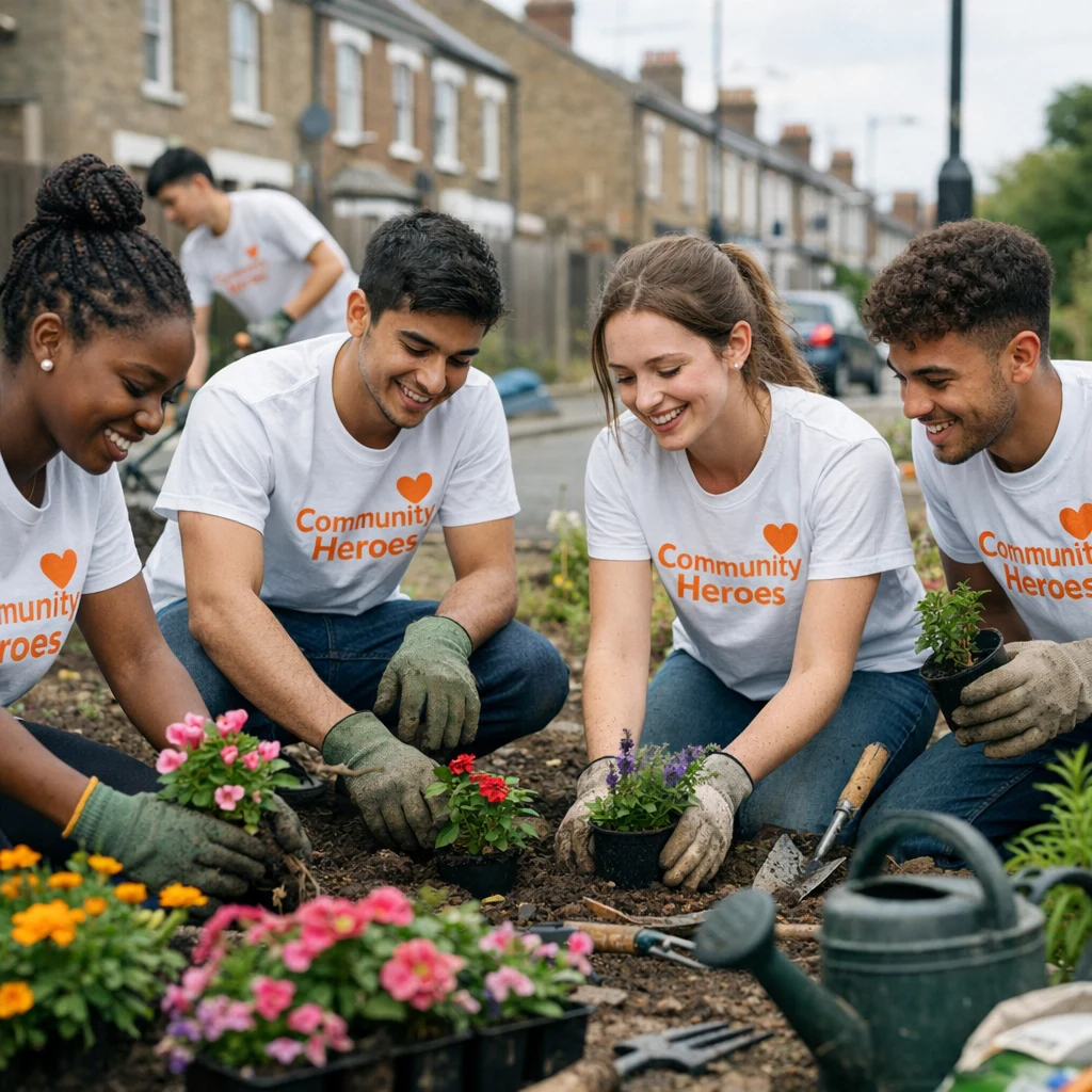 Volunteers planting a street flowerbed