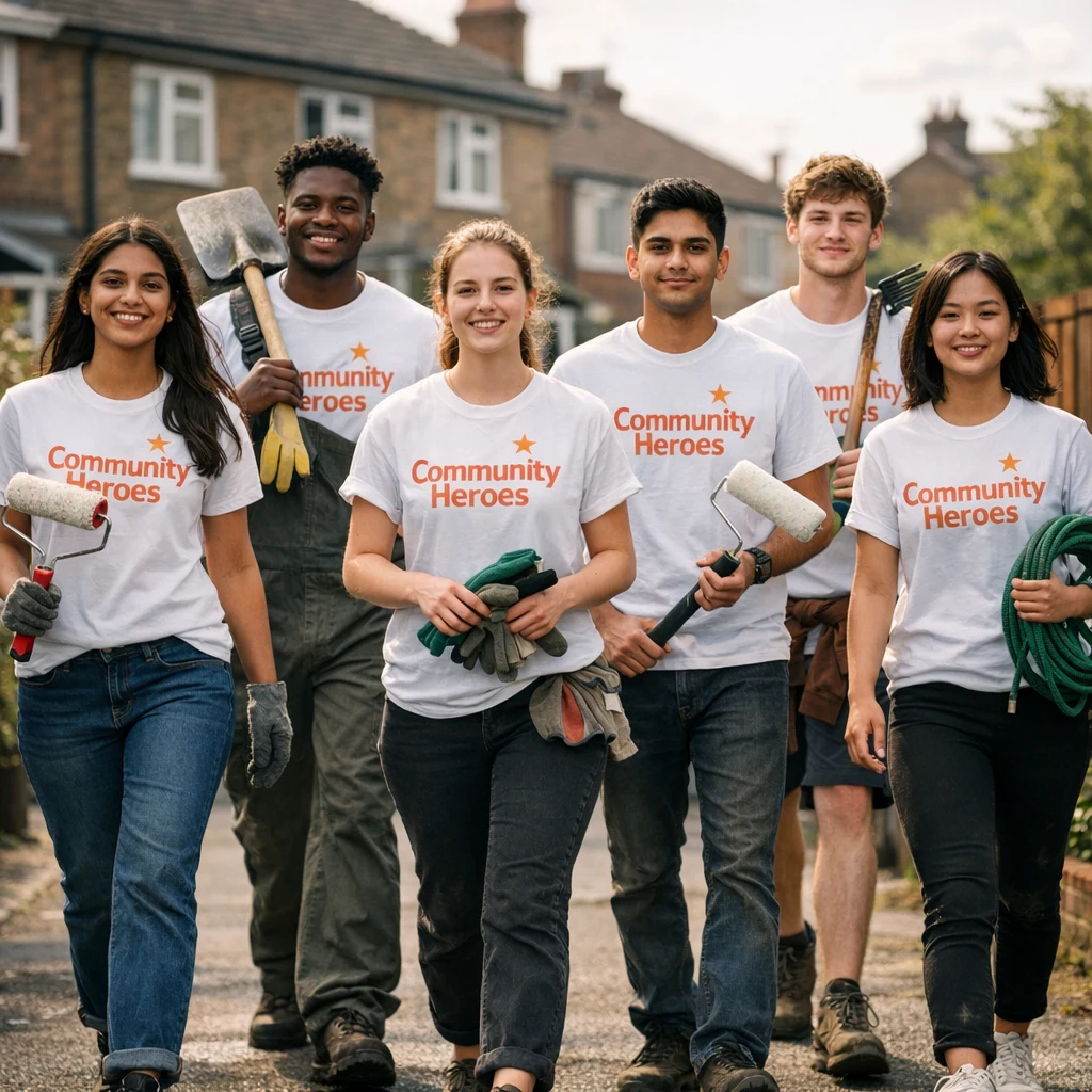 Community Heroes volunteers walking to a project carrying tools